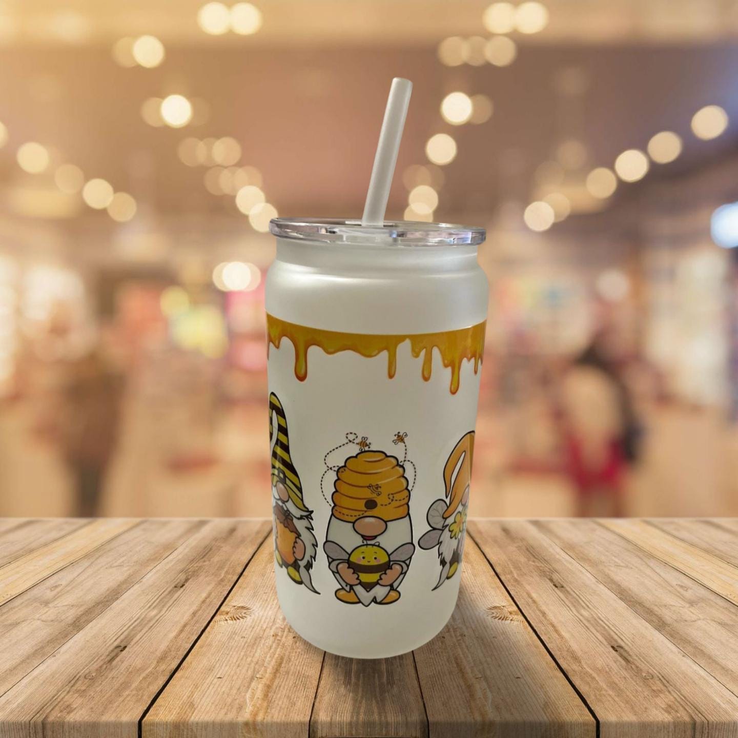 16 oz Frosted Glass Can with Lid and Stra-Gnomes and bees