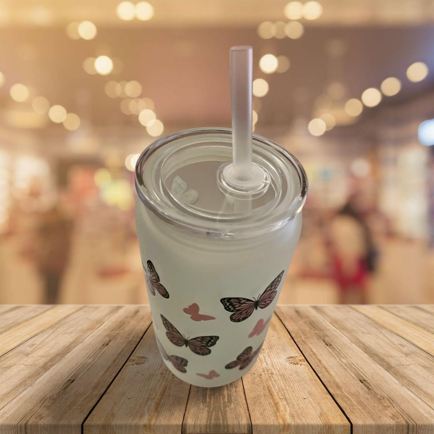 16 oz Frosted Glass Can with Lid and Straw- Pink butterflies