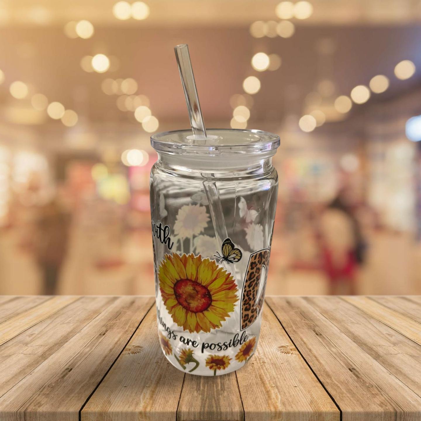 19 oz Clear Cup with Lid and Straw- With God all things are possible