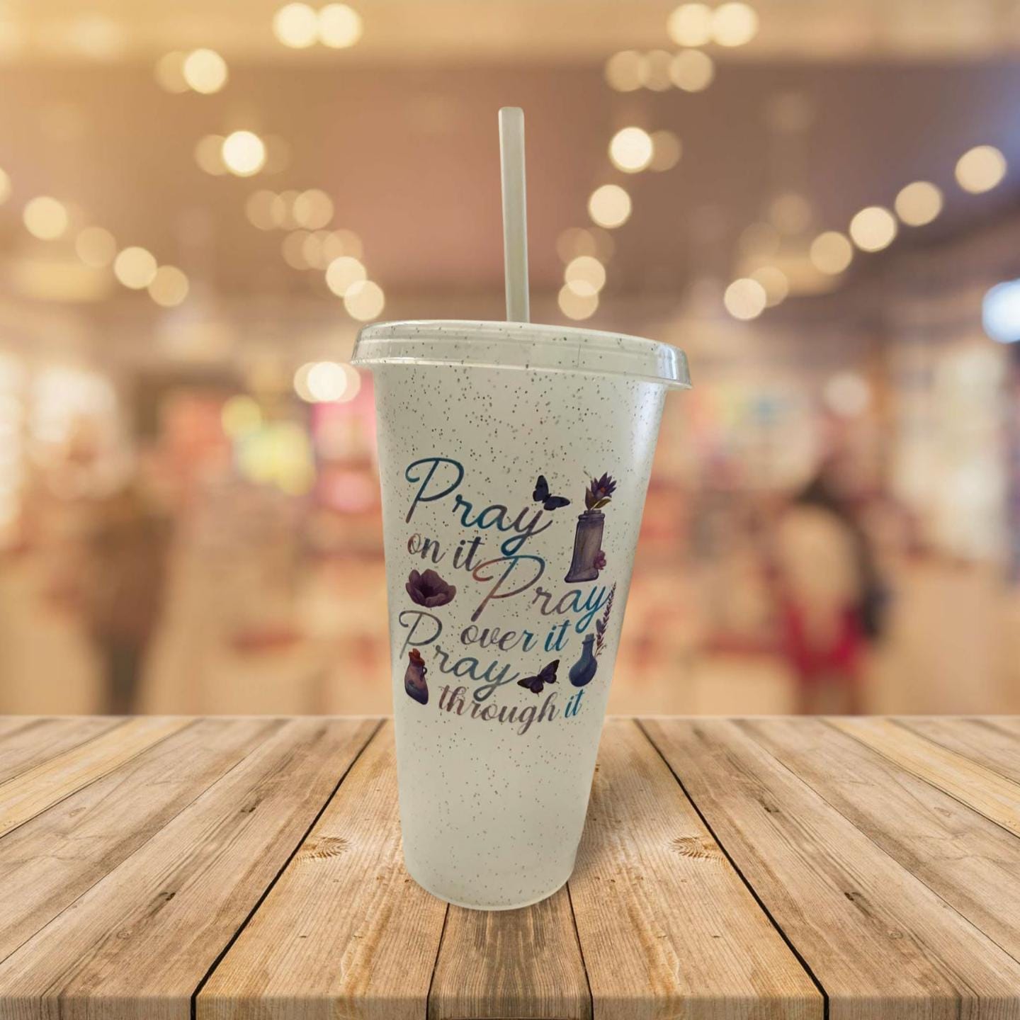 24 oz Clear Glitter Cup with Lid and Straw- Pray on it