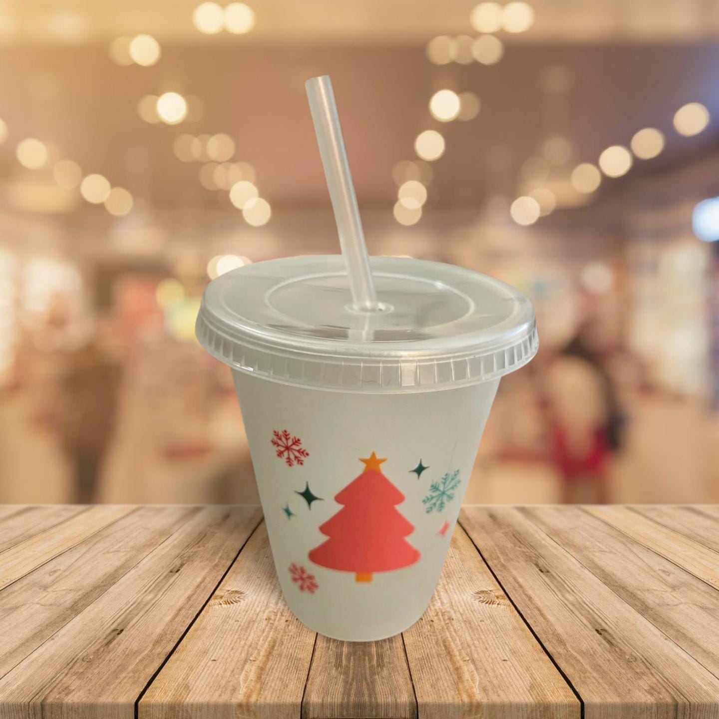 16 oz Clear Plastic Cup with Lid and Straw= Christmas tree