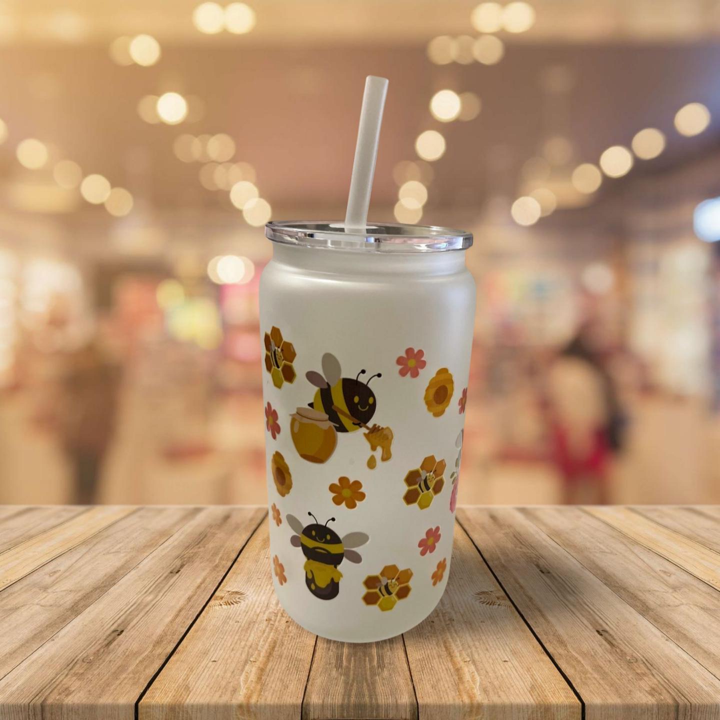 16 oz Frosted Glass Can with Lid and Straw- Flowers and bees