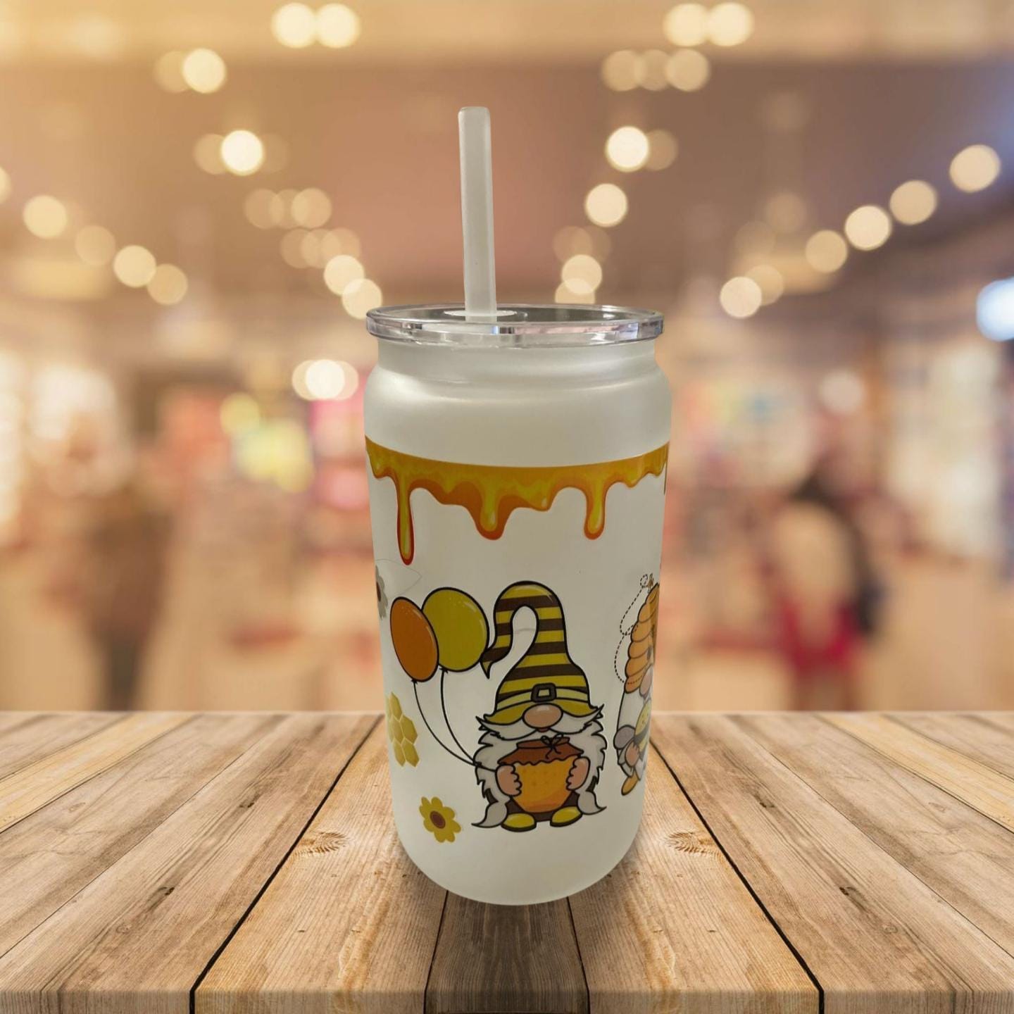 16 oz Frosted Glass Can with Lid and Stra-Gnomes and bees