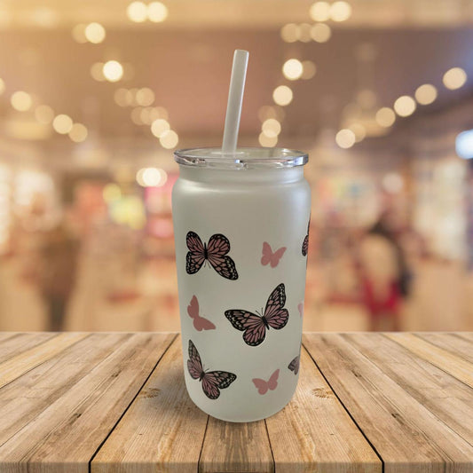 16 oz Frosted Glass Can with Lid and Straw- Pink butterflies