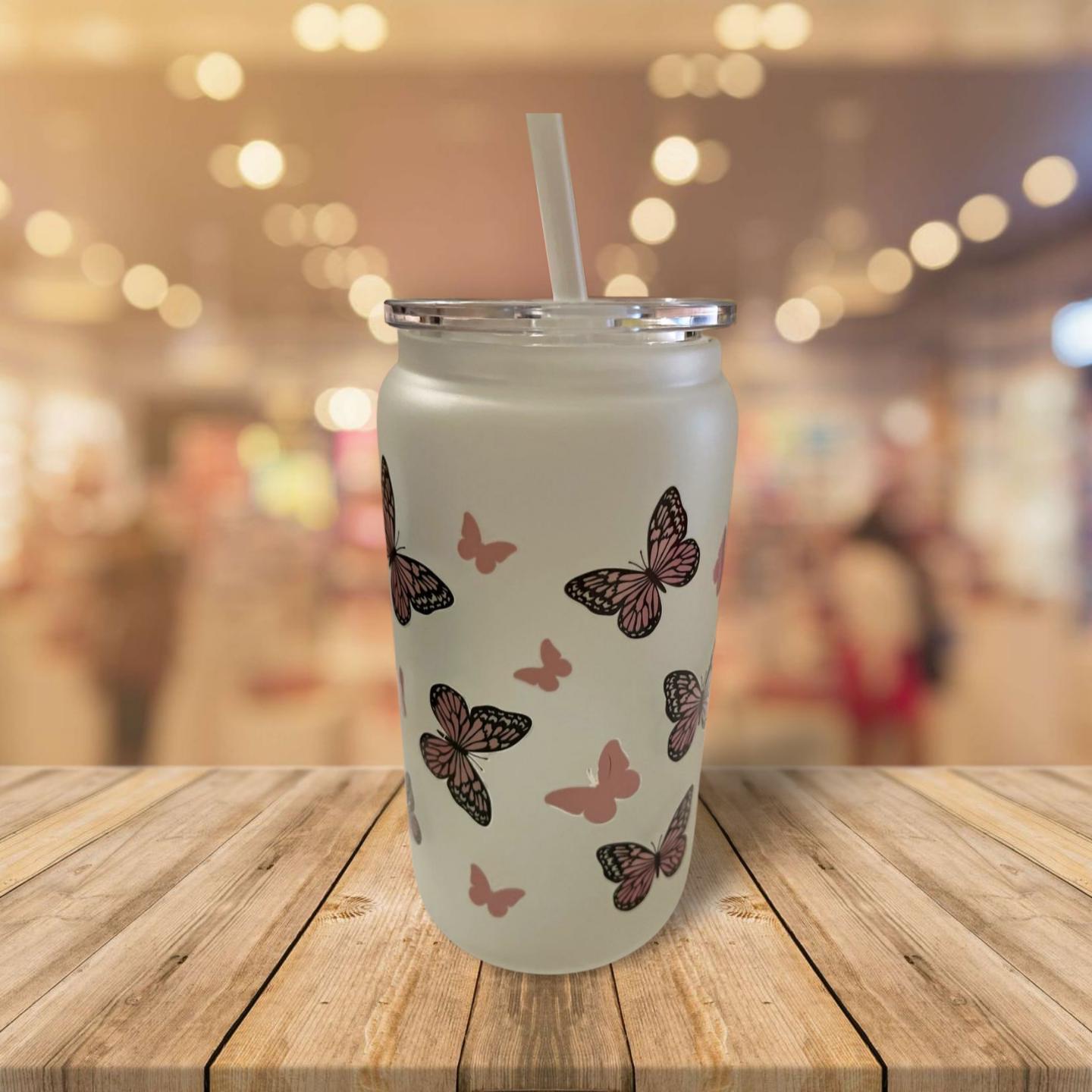 16 oz Frosted Glass Can with Lid and Straw- Pink butterflies