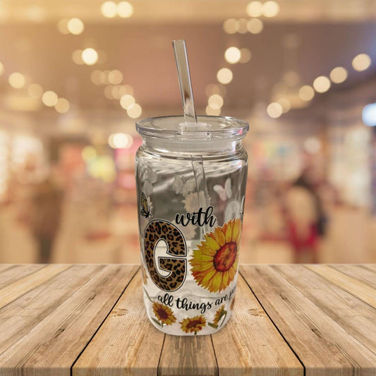 19 oz Clear Cup with Lid and Straw- With God all things are possible