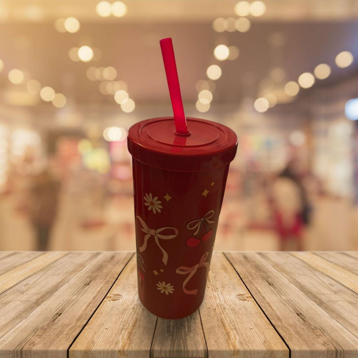 Red Tumbler with Bows and Cherries Design