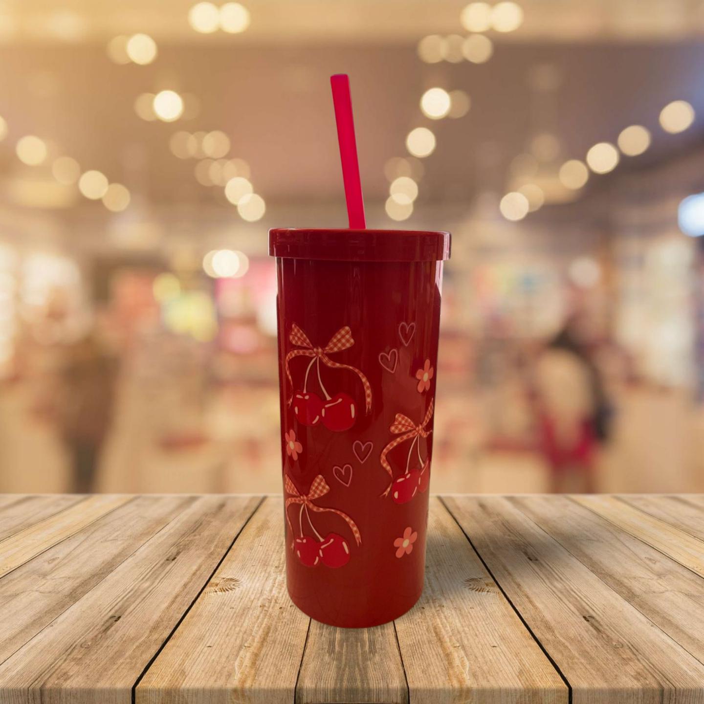 Red Tumbler with Bows and Cherries Design