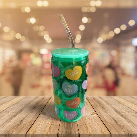 16 oz Sweetheart Candies Clear Green Glass Tumbler with Lid & Straw