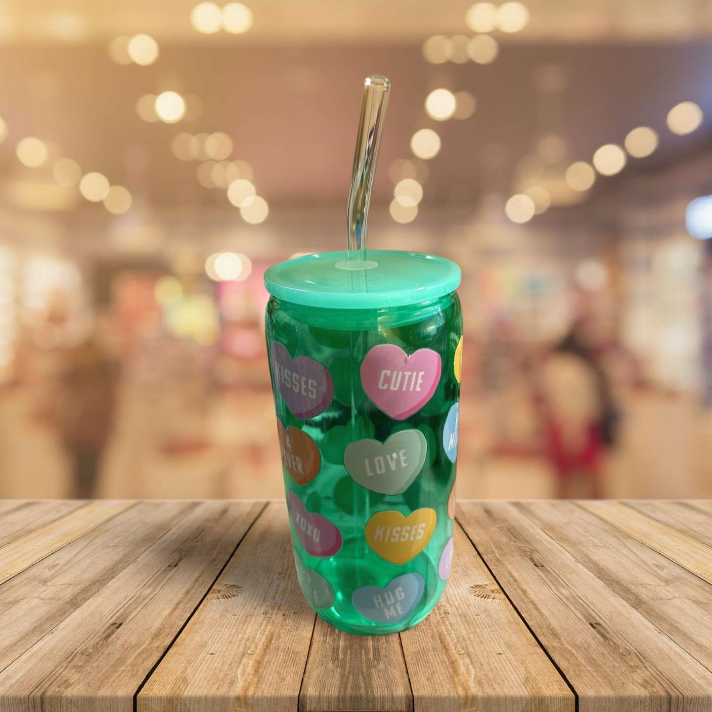 16 oz Sweetheart Candies Clear Green Glass Tumbler with Lid & Straw
